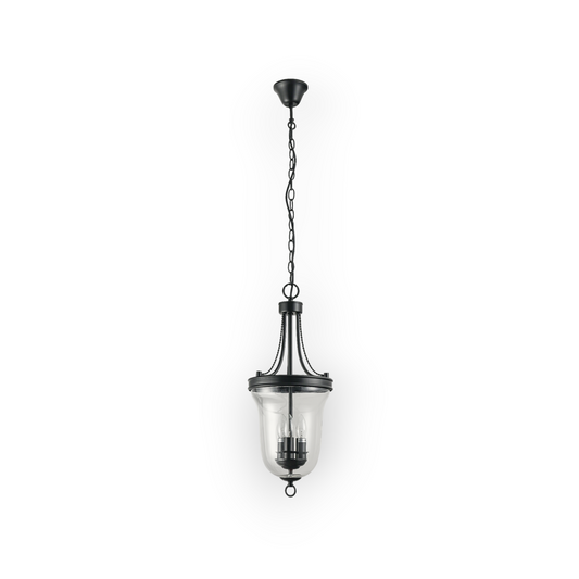 This image shows the Keaton 3L Pendant, a classic lantern-style light fixture with a curved metal frame in a dark finish, enclosing a seeded glass shade that houses three candelabra lights, creating an elegant and traditional look.