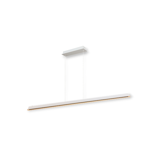 A sleek, modern linear pendant light. The fixture has a minimalist design with a long, slender bar light suspended from two thin wires attached to a white rectangular ceiling mount. The light emits a warm, soft glow, accentuating its clean and contemporary appearance.