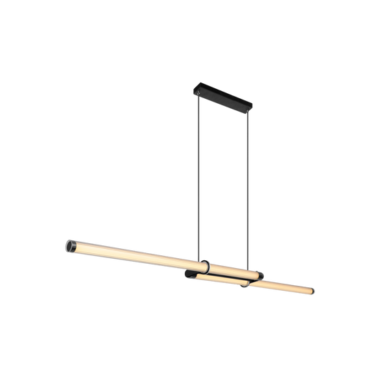 The image depicts the Leda Linear 2L Pendant, a sleek and contemporary fixture with a slender brass bar suspended by a contrasting black rectangular canopy, embodying a minimalist aesthetic perfect for modern interiors.