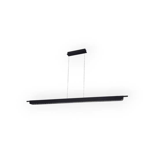 A modern linear pendant light with a minimalistic and sleek design. It features a long, narrow bar suspended from two thin cables, connected to a rectangular canopy. The fixture is finished in black, giving it a versatile and contemporary look. The light is emitted from the underside of the bar, creating a focused and efficient lighting solution, ideal for modern interiors.