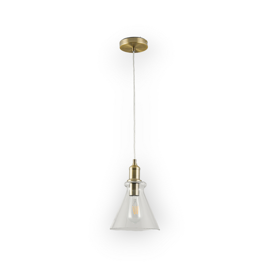 This image showcases the Leo 1L Pendant, featuring a transparent glass cone that elegantly encases a visible filament bulb, paired with brass accents for a vintage charm. Its sleek design combines a timeless aesthetic with modern functionality, ideal for enhancing the ambiance of any room