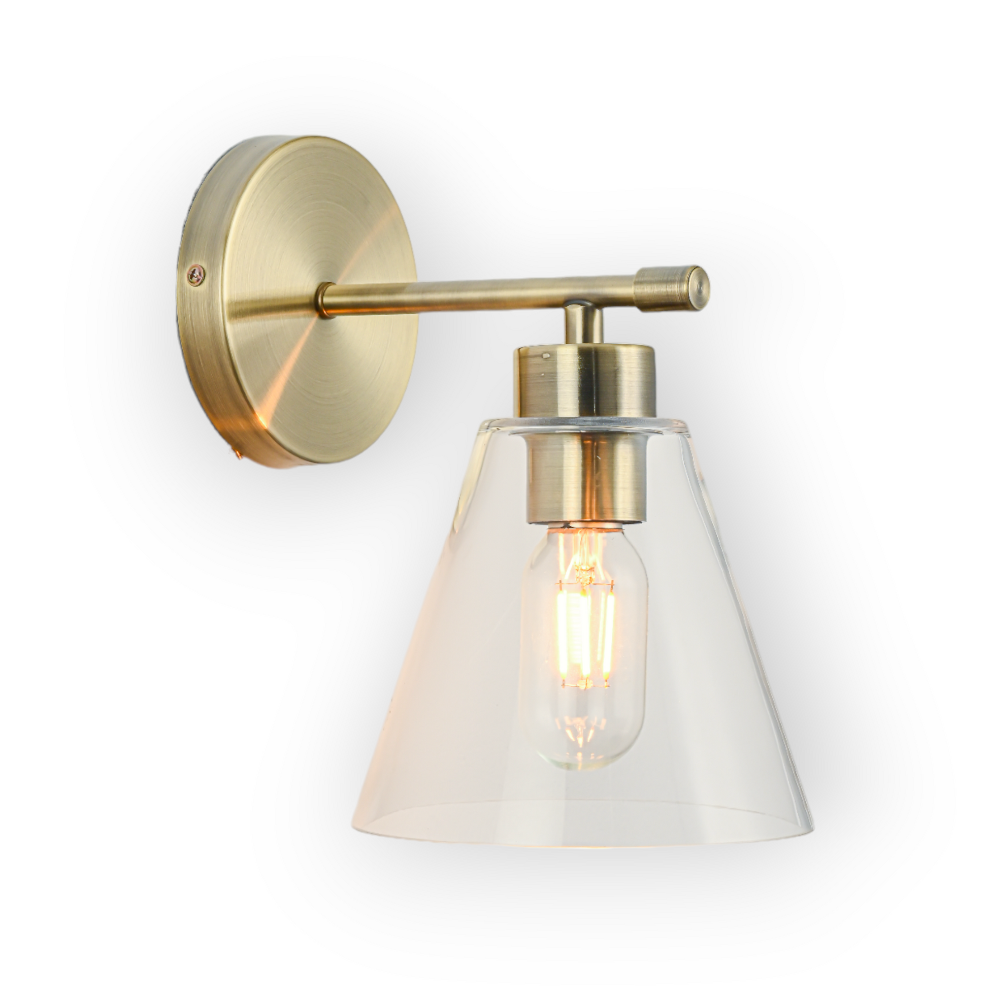 Image displays the Leo 1L Wall Light, featuring an elegant clear glass shade with a vintage-inspired Edison bulb, all complemented by a warm brass arm and round mounting plate. Its timeless design enhances any classic or transitional décor.