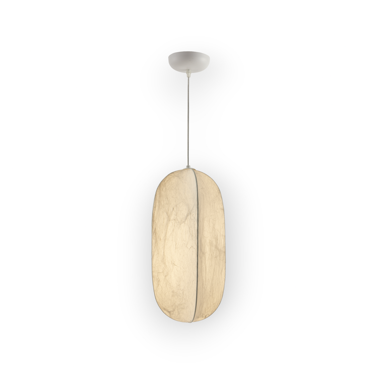 Captured here is the medium Lyra 1L Pendant, featuring an elegantly elongated Mulberry silk shade with a serene, organic texture. The pendant's smooth silk surface and balanced form emanate a soft, diffuse light, perfect for creating a warm ambiance."