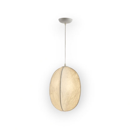 This image showcases the small Lyra 1L Pendant Light, an exquisite piece that melds the delicate texture of Mulberry silk into an intimate, rounded form. The pendant emanates a cozy, ambient light, perfect for adding a touch of sophistication to smaller spaces.