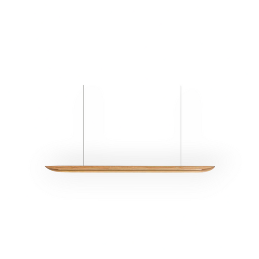 This image displays the Maren Oak Linear Pendant, characterized by its sleek, elongated oak wood body that exudes a warm, natural aesthetic. Suspended by two slender cables, it embodies a seamless blend of organic materials and contemporary design.