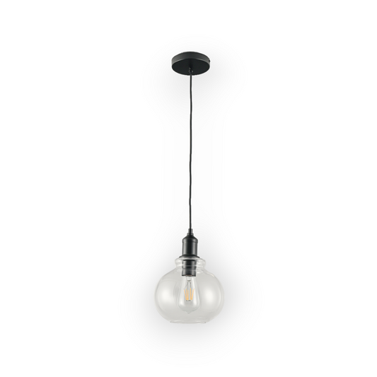 The image features the Olson 1L Pendant Light, showcasing a classic clear glass globe that houses a visible filament bulb. The simplicity of the design is complemented by the modern black accents, creating a versatile piece suitable for a variety of decors.