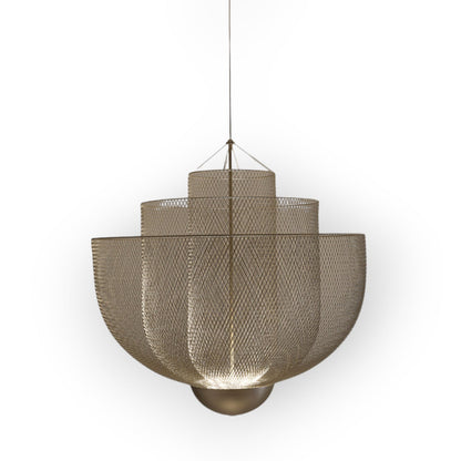 This image showcases the Soleil Large Chandelier, an exquisite fixture featuring layered mesh screens made from carbon steel. The metallic finish gleams with a subtle sheen, enhancing the light's diffusion for a soft, atmospheric effect.